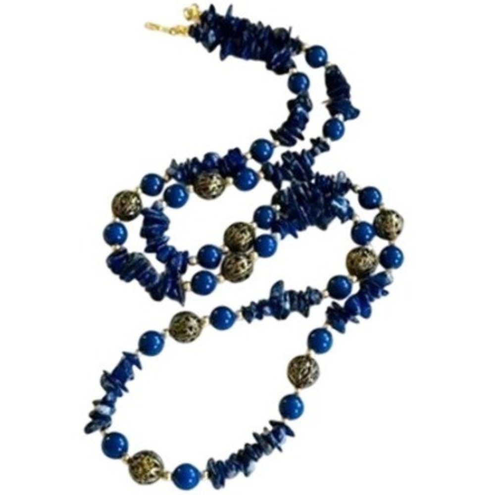 VTG Blue lazuli Lapis Necklace natural beads‎ Regal Single Strand Filigree 30"